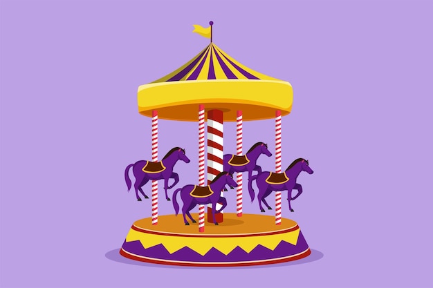 Vector graphic flat design drawing horse carousel in amusement park spinning under large tent with flag on it recreation children loved play on funfair outdoor festival cartoon style vector illustration