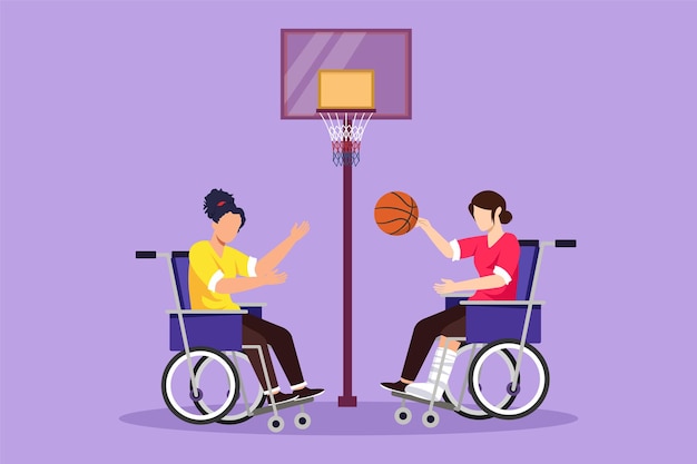 Graphic flat design drawing joyful disabled pretty woman in wheelchair playing basketball together at basketball court Concept of adaptive sport for disabled people Cartoon style vector illustration