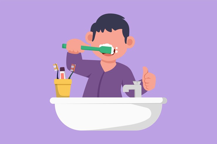 Vector graphic flat design drawing little boy or kid brushing his teeth with thumbs up gesture children routine habit for cleanliness health freshness of mouth and teeth cartoon style vector illustration