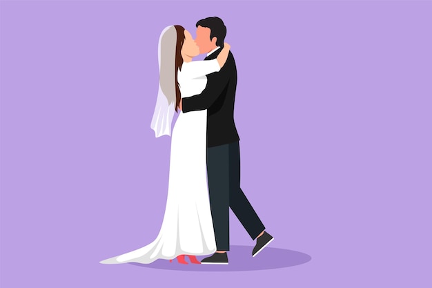 Vector graphic flat design drawing loving married couple kissing hugging and holding hands happy man wearing suit and pretty woman with dress in wedding celebration party cartoon style vector illustration