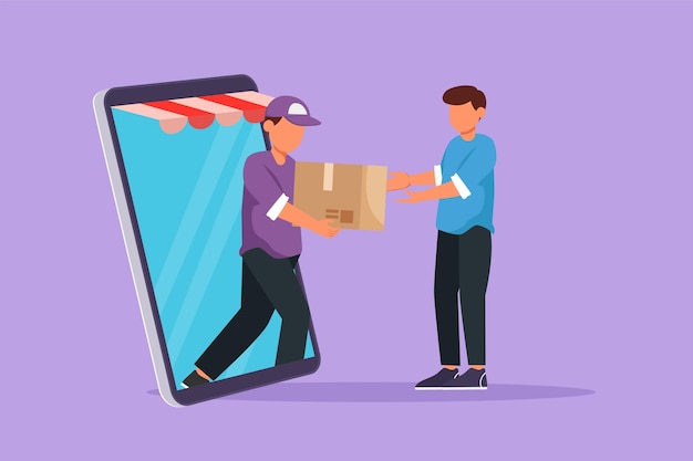 Vector graphic flat design drawing male courier comes out of canopy giant smartphone screen and gives package box to male customer fast respond at online delivery metaphor cartoon style vector illustration