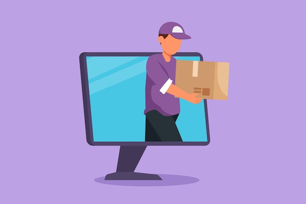 Graphic flat design drawing male courier delivers box package and through monitor computer screen Online delivery service technology Fast delivery parcel concept Cartoon style vector illustration