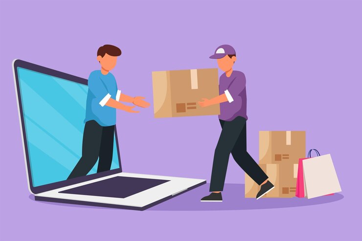 Vector graphic flat design drawing male customer receives boxed package through laptop computer screen from male courier online delivery service online store technology cartoon style vector illustration