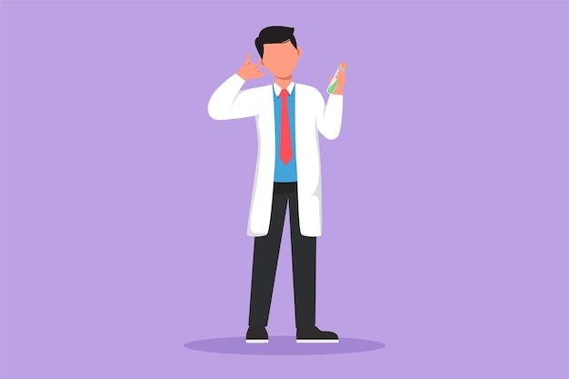 Vector graphic flat design drawing male scientist standing with call me gesture and holding measuring tube filled with chemical liquid research about vaccine and pandemic cartoon style vector illustration