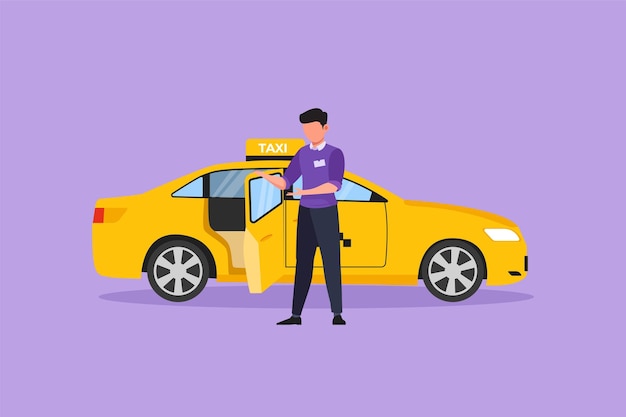 Vector graphic flat design drawing male taxi drivers are inviting prospective passengers to get inside and deliver them to their destination modern transportation in urban cartoon style vector illustration