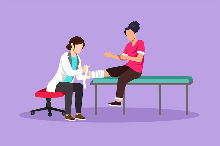 Vector graphic flat design drawing medical doctor bandage broken leg to female patient sitting on couch at clinic or traumatology department limb fracture hospital visit cartoon style vector illustration