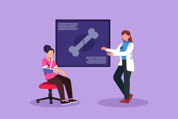 Graphic flat design drawing of medical doctor showing x-ray picture limb fracture to female patient with broken arm. Woman with injured bandaged hand visit hospital. Cartoon style vector illustration