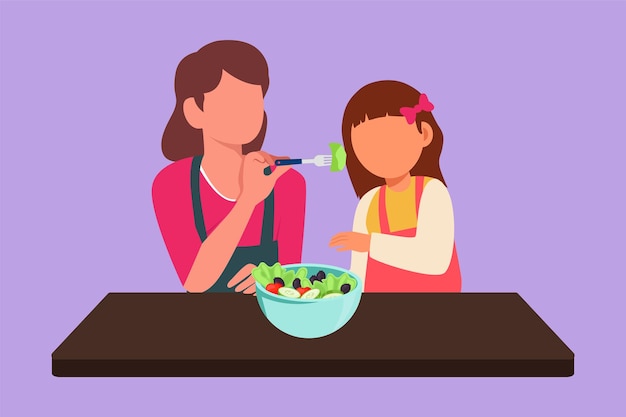 Graphic flat design drawing mother feeds her little daughter food and in front of her is bowl filled with salad happy mom and child cooking together in cozy kitchen cartoon style vector illustration
