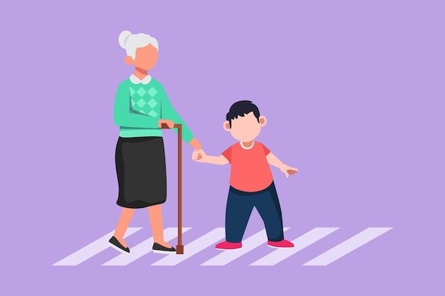 Graphic flat design drawing polite boy help grandmother cross street Well mannered child assistance to aged woman Kid and elderly female go on crosswalk together Cartoon style vector illustration