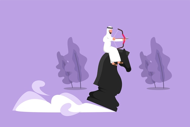 Графический плоский дизайн, рисующий точного арабского бизнесмена, держащего стрельбу из лука, нацеленного на цель во время езды на шахматном рыцаре, стратегическое соревнование Успех бизнес-менеджера Векторная иллюстрация в мультяшном стиле