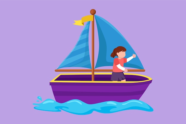 Vector graphic flat design drawing pretty little girl in sailboat at beach happy kids sailing boat at small lake children on boat at river joyful adventures and travel cartoon style vector illustration