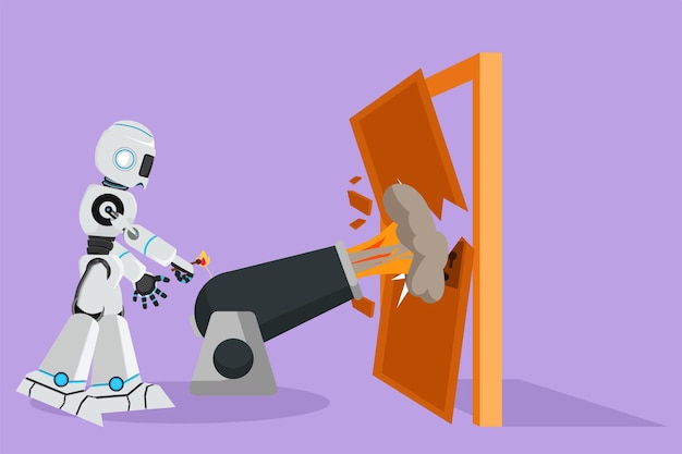 Graphic flat design drawing robot ignites cannon in front of door destroying door destroying obstacles with brute force future technology artificial intelligence cartoon style vector illustration