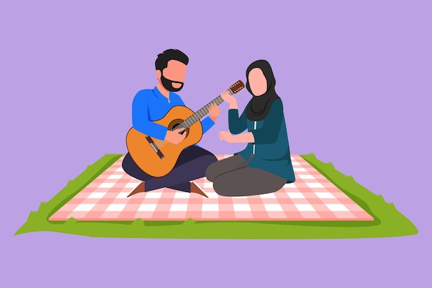 Graphic flat design drawing romantic Arab couple of lovers has picnic on nature park Man playing music on guitar pretty girl listening and singing a song together Cartoon style vector illustration