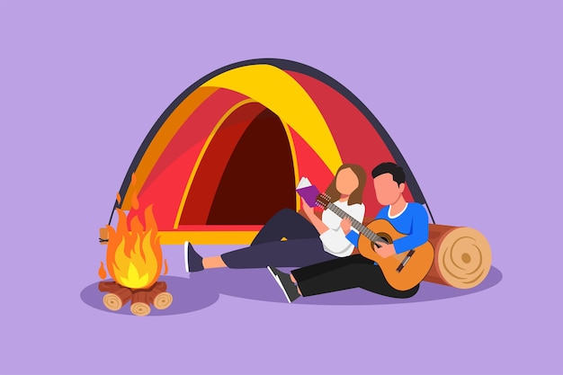 벡터 그래픽 플랫 디자인 그리기 낭만적인 커플 캠핑 캠프 텐트 남자 옆에 모닥불 옆에 앉아 여자 친구와 기타를 연주하는 사람 사람들은 자연 소풍을 즐깁니다 만화 스타일 벡터 그림