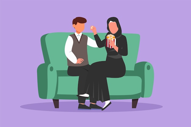 グラフィック フラット デザイン描画ロマンチックな若いアラブ カップル座ってリラックス一緒にソファの女性にポップコーンを与える男にリビング ルームで結婚記念日を祝う漫画スタイルのベクトル図