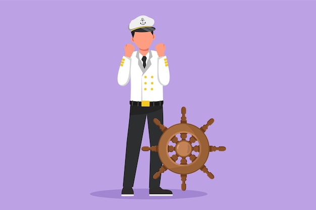 Graphic flat design drawing sailor man standing with celebrate gesture to be part of cruise ship carrying passengers traveling across seas sailor on duty in ocean cartoon style vector illustration