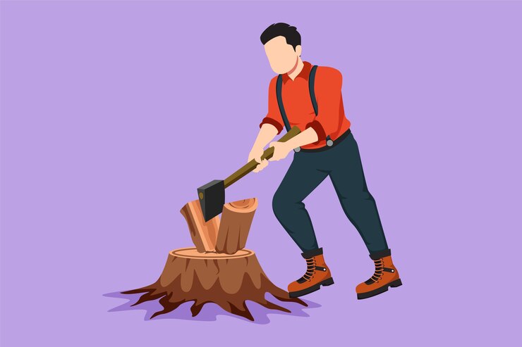 Vector graphic flat design drawing of strong woodman or lumberman in checkered shirt and sling pants chopping wood with ax on tree stump man with ax in his hands cuts tree cartoon style vector illustration