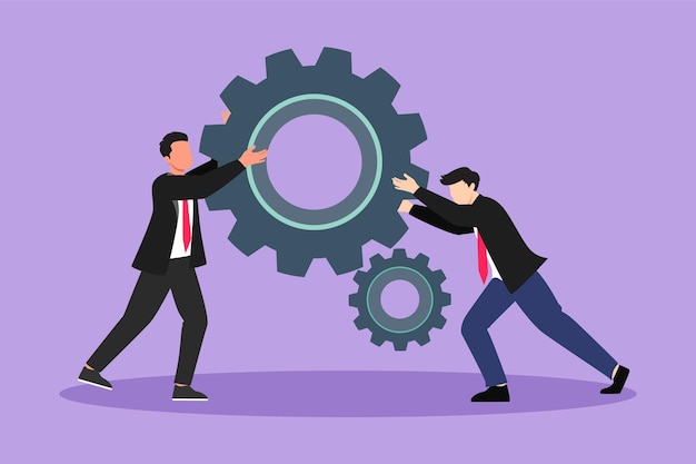 Graphic flat design drawing of two businessmen help each other pushing big cog Group of people push gear team of business tech holding gear collaboration solution Cartoon style vector illustration