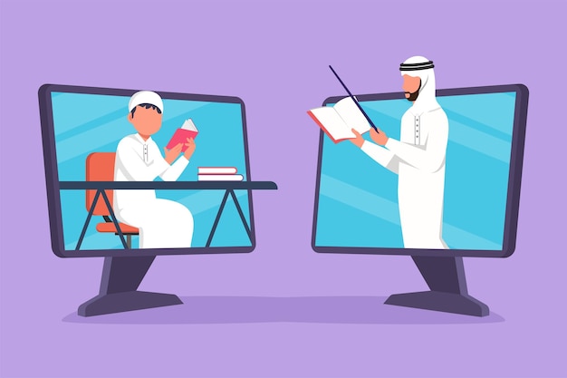 Vector graphic flat design drawing two monitor standing in front of each other one side contains male student studying and the other contains arabian male teacher teaching cartoon style vector illustration