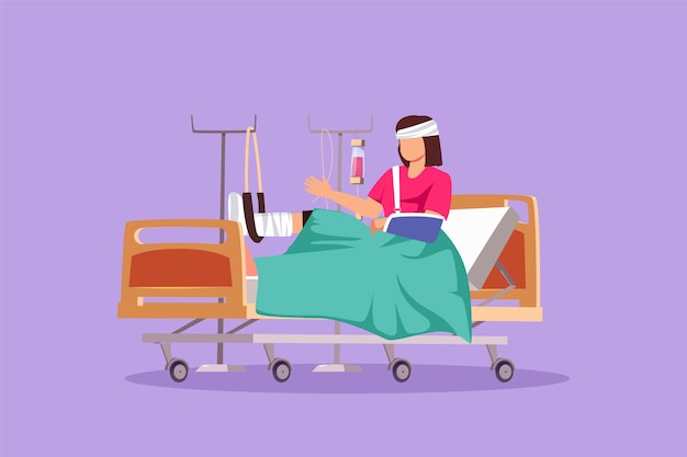 Vector graphic flat design drawing woman patient with broken leg lying in hospital hospitalization of patient sick person in bed the leg is bandaged and fixed with cast cartoon style vector illustration