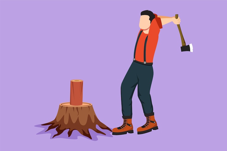 Vector graphic flat design drawing woodcutter or lumberjack chopping wood with axe wearing shirt jeans and boots active man with ax in his hands cuts tree at forest icon cartoon style vector illustration