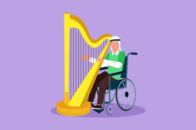 Graphic flat design drawing of young Arabian man sitting in wheelchair plays harp in concert Disability and classical music Physically disabled Person in hospital Cartoon style vector illustration