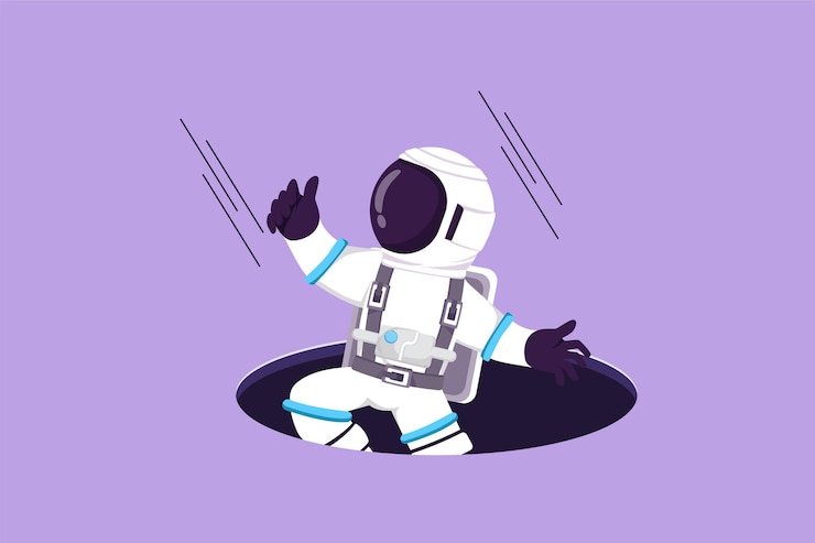 Vector graphic flat design drawing young astronaut fell into manhole underground sewer in moon surface depressed spaceman due to exploration failure cosmic galaxy space cartoon style vector illustration