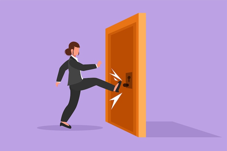 Vector graphic flat design drawing of young businesswoman kicks door closed with her leg aggressive business approach business struggles for success in market competition cartoon style vector illustration