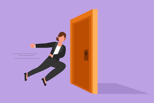 Vector graphic flat design drawing of young businesswoman running and want to break down door business struggle metaphor strength worker for success opening closed doors cartoon style vector illustration