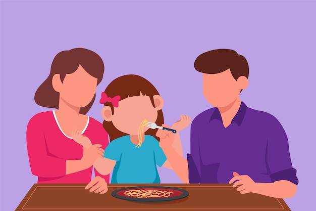 Vector graphic flat design drawing young family having lunch together in restaurant parents feeds they daughter with love happy little family eating noodle or spaghetti cartoon style vector illustration