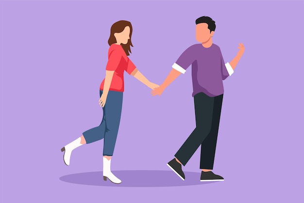 Graphic flat design drawing young romantic couple man and pretty woman walking and holding hand together at park Happy family husband and wife or parenting concept Cartoon style vector illustration