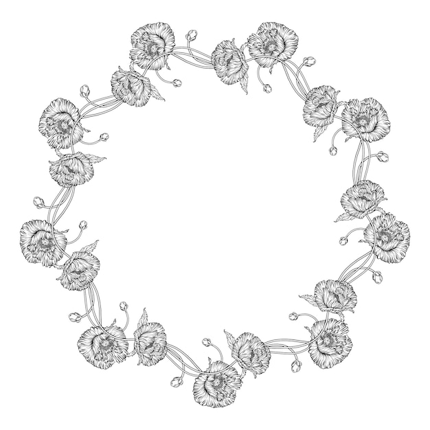 Graphic flower composition. Flowers of poppies. Wreath