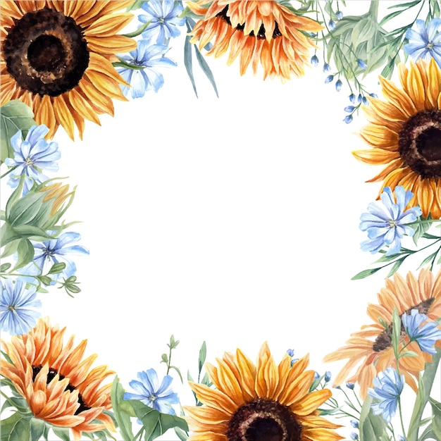 Graphic frame with sunflowers abstract meadow plants Blue orange yellow flowers Floral summer compos