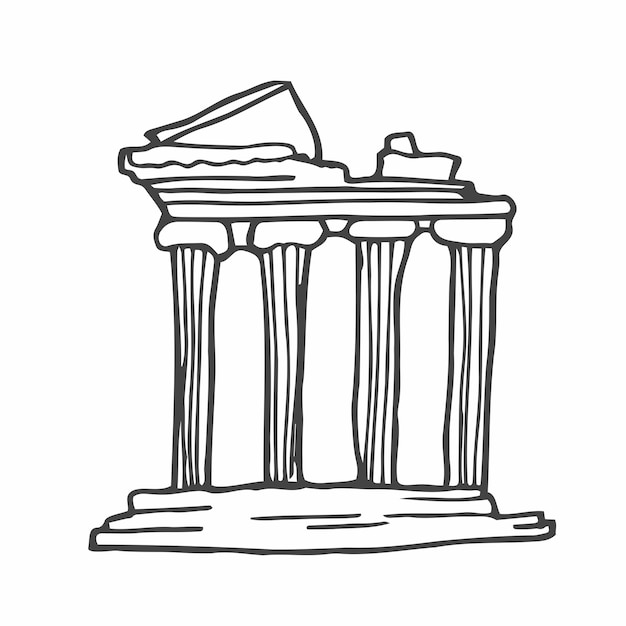 Graphic half-ruined architecture with column drawn in line art
style. ancient building