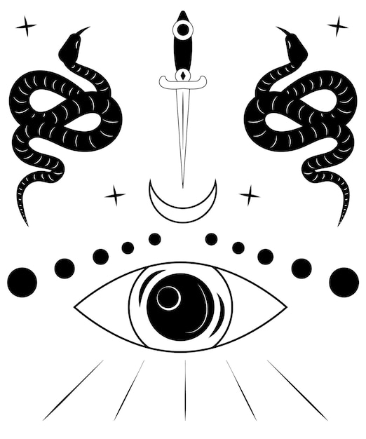 Graphic hand drawn dagger human eye. Vector black art. Mystic eye. Tattoo design. Snake and moon.