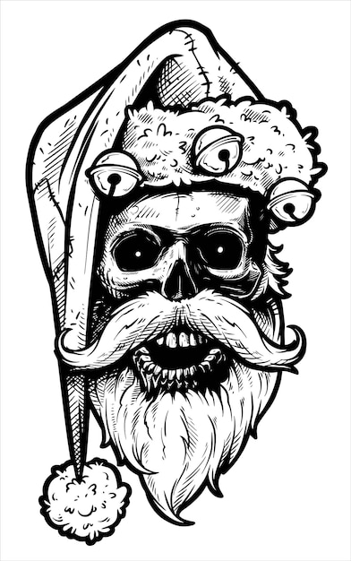 Graphic hand drawn realistic black and white angry santa claus skull vector tattoo outline