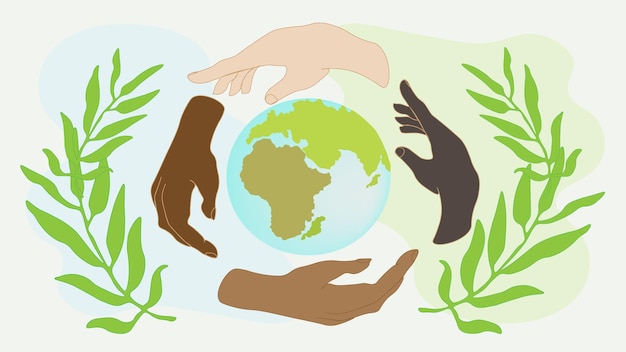 Графика рук вокруг земного шара со словом африка на нем Зеленая энергия и природные ресурсы