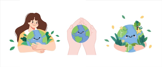 A graphic of hands holding a globe with the words earth on it.