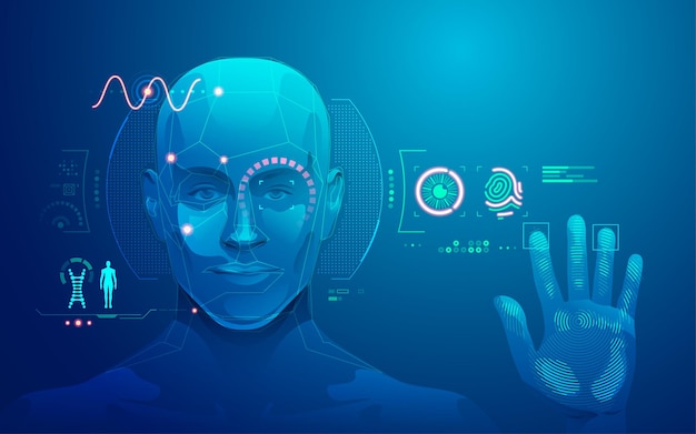 Graphic of human face and fingerprint scanning interface