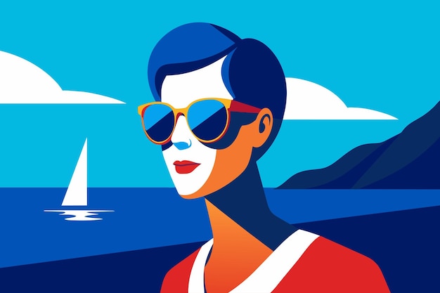 A graphic illustration of a fashionable woman by the sea