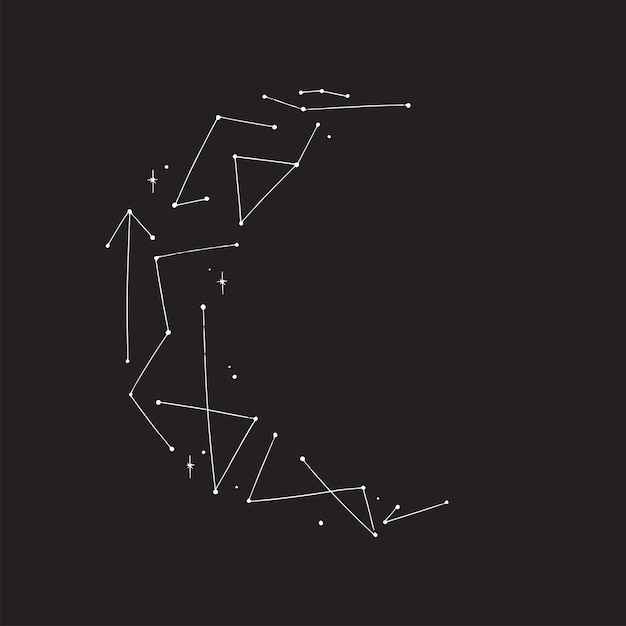 Illustrazione grafica arte lineare dello zodiaco e del cielo stellato nel profilo della luna disegni di stelle per abiti ecc