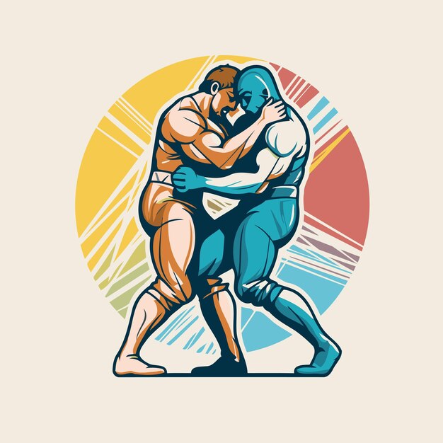 ベクトル レトロスタイルで描かれた2人の相撲選手が対峙するグラフィックイラスト