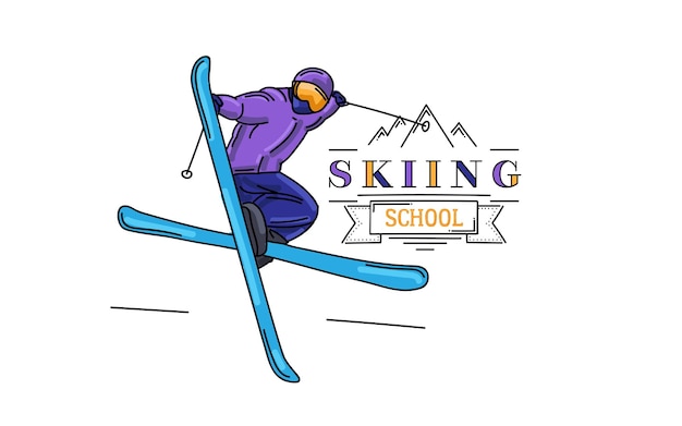 Graphic illustration of skier in action during making trick\
with logo skiing school