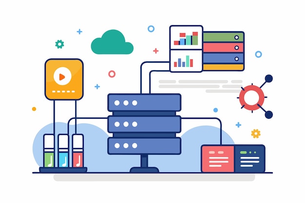 単純な白い背景のデータスタックのグラフィックイラスト - データストレージと分析 - ホスティングバックアップとデータ分析 - シンプルでミニマリストのフラットベクトルイラスト