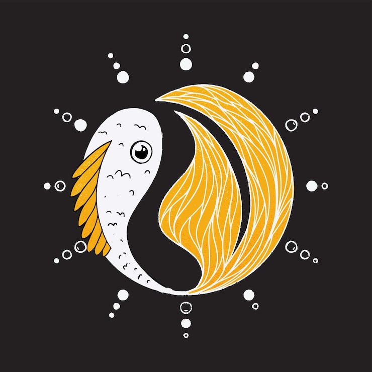 Vector graphic illustration textured patterned golden sun and silver fish moon star patterns for clothing etc