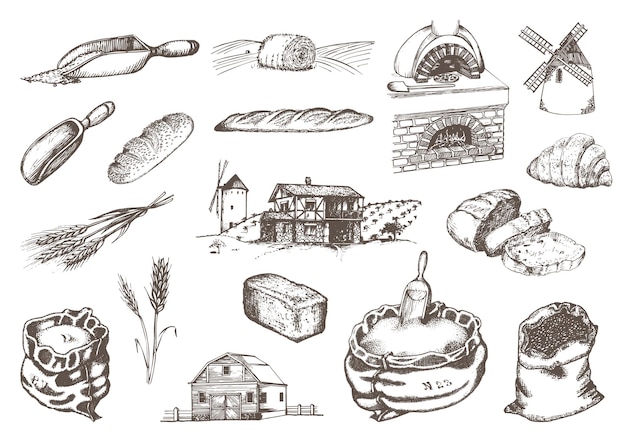 Graphic illustrations of miller stuff in vector hand drawn set of bakery and pastry goods in engraving style