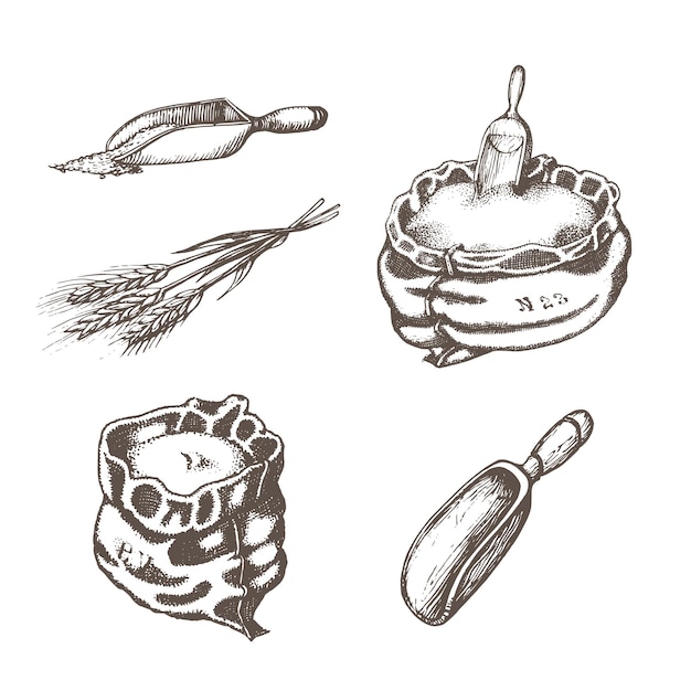 Vector graphic illustrations of miller stuff in vector hand drawn set of farm goods in engraving style