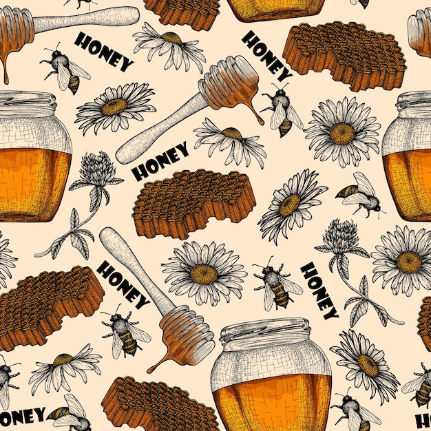 그래픽 선형 패턴입니다. 꿀 국자, 꿀 항아리, 클로버와 카모마일 꽃, 꿀벌, 벌집