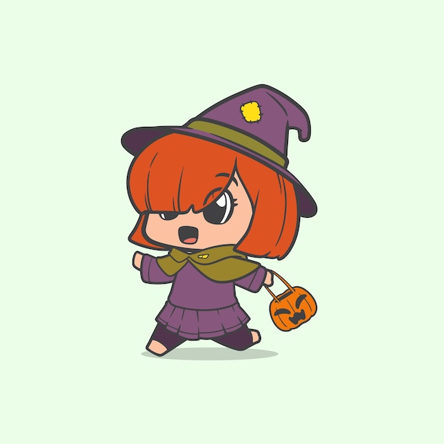 Vector graphic little witch brings a bucket