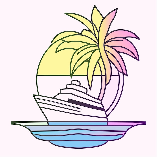 graphic logo illustration Palm Tree Cruise ship vibrant colors vector art